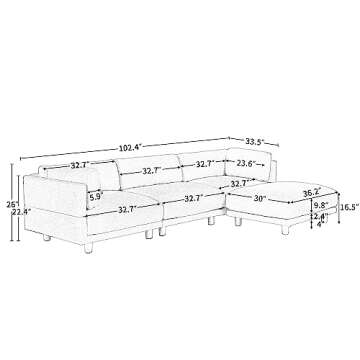 WILLIAMSPACE Modern 102" Sectional Sofa - Convertible L Shaped Couch with Ottoman for Small Spaces