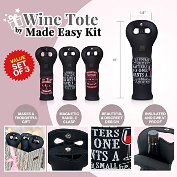 Made Easy Kit Insulated Wine Tote - Neoprene Wine Carrier Bag with Magnetic Handle Clasp - Wine Bottle Protective Travel Bag - Perfect for Gifting Travel or Gift Bag - Set o 3 (Funny Wine Lines Black)