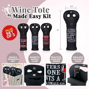 Made Easy Kit Insulated Wine Tote - Neoprene Wine Carrier Bag with Magnetic Handle Clasp - Wine Bottle Protective Travel Bag - Perfect for Gifting Travel or Gift Bag - Set o 3 (Funny Wine Lines Black)