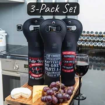 Made Easy Kit Insulated Wine Tote - Neoprene Wine Carrier Bag with Magnetic Handle Clasp - Wine Bottle Protective Travel Bag - Perfect for Gifting Travel or Gift Bag - Set o 3 (Funny Wine Lines Black)
