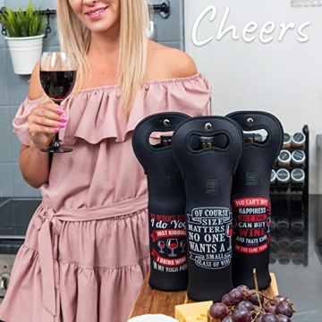 Made Easy Kit Insulated Wine Tote - Neoprene Wine Carrier Bag with Magnetic Handle Clasp - Wine Bottle Protective Travel Bag - Perfect for Gifting Travel or Gift Bag - Set o 3 (Funny Wine Lines Black)