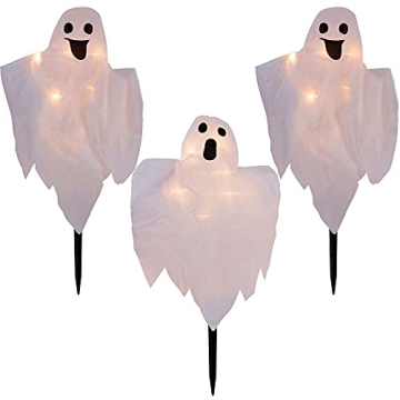 Lighted White Ghost Stakes for Halloween - 3 Pack Decorations