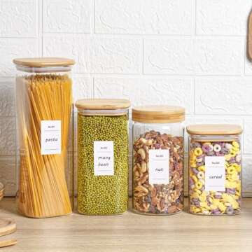 Vtopmart 44oz Glass Food Storage Containers, Set of 4 Glass Jars with Airtight Bamboo Wooden Lids for Pasta, Nuts, Flour, Glass Canisters for Kitchen, Pantry Organization and Storage, BPA Free