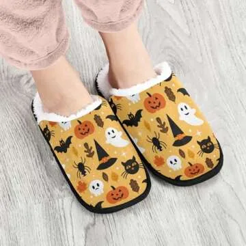 Halloween Pumpkin Spa Slippers Black Cat Ghost Skull House Slippers Memory Foam Slippers Indoor Outdoor Non-Slip Home Shoes M for Men Woman