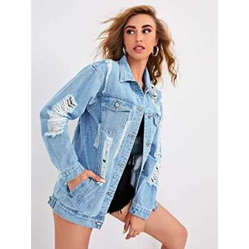 Floerns Women's Ripped Distressed Casual Long Sleeve Denim Jacket Blue B S