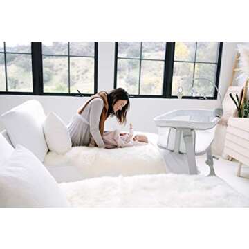 ARMS REACH Versatile Co-Sleeper Bedside Bassinet Featuring Height-Adjustable Legs with Adjustable Feet, Mobile with Plush Hanging Toy, and Music Box That Plays 5 Tunes, Chevron