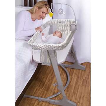 ARMS REACH Versatile Co-Sleeper Bedside Bassinet Featuring Height-Adjustable Legs with Adjustable Feet, Mobile with Plush Hanging Toy, and Music Box That Plays 5 Tunes, Chevron
