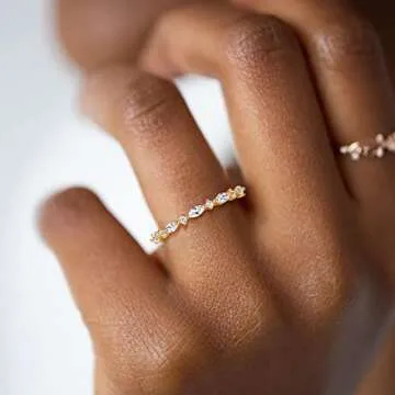 SHINYSO 14K Gold Plated Wedding Band for Women Thin Stacking Ring Half Cubic Zirconia Eternity Engagement Ring Size 8