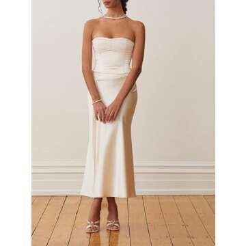 Women Satin 2 Piece Skirt Set Y2K Backless Crop Tube Top and Split Maxi Skirt Summer Outfits Clubwear(B1- Apricot,S)