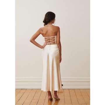 Women Satin 2 Piece Skirt Set Y2K Backless Crop Tube Top and Split Maxi Skirt Summer Outfits Clubwear(B1- Apricot,S)