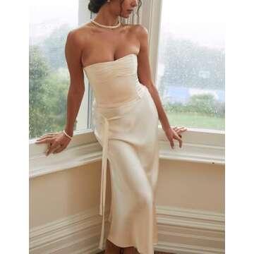 Women Satin 2 Piece Skirt Set Y2K Backless Crop Tube Top and Split Maxi Skirt Summer Outfits Clubwear(B1- Apricot,S)