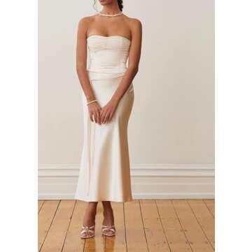 Women Satin 2 Piece Skirt Set Y2K Backless Crop Tube Top and Split Maxi Skirt Summer Outfits Clubwear(B1- Apricot,S)