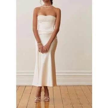 Women Satin 2 Piece Skirt Set Y2K Backless Crop Tube Top and Split Maxi Skirt Summer Outfits Clubwear(B1- Apricot,S)