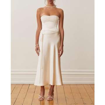 Women Satin 2 Piece Skirt Set Y2K Backless Crop Tube Top and Split Maxi Skirt Summer Outfits Clubwear(B1- Apricot,S)