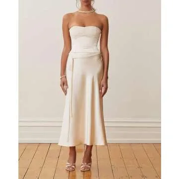 Women Satin 2 Piece Skirt Set Y2K Backless Crop Tube Top and Split Maxi Skirt Summer Outfits Clubwear(B1- Apricot,S)