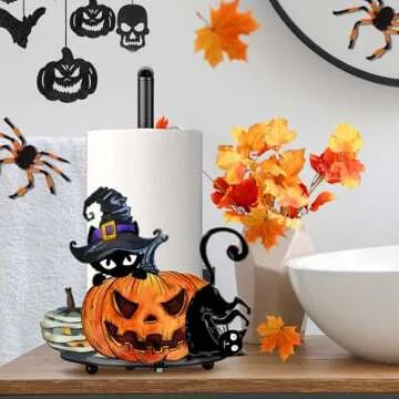 Halloween Paper Towel Holder, Farmhouse Halloween Cat Kitchen Decor Accessories Paper Towel Holder Stand, Metal Halloween Decorations for Home Bathroom, Large Black Towel Stand for Countertops