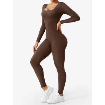 YEOREO Long Sleeve Jumpsuit for Women Workout V Back Bodysuit Lizvette Scrunch Butt Leggings One Piece Romper U Neck Full Length Yoga Bodycon Coffee Small