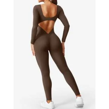 YEOREO Long Sleeve Jumpsuit for Women Workout V Back Bodysuit Lizvette Scrunch Butt Leggings One Piece Romper U Neck Full Length Yoga Bodycon Coffee Small