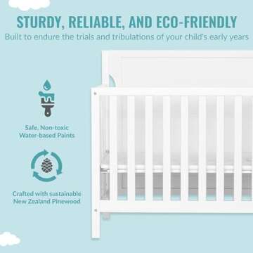 Dream On Me Bellport 4 in 1 Convertible Mini/Portable Crib In White, Non-Toxic Finish, Made of Sustainable New Zealand Pinewood, With 3 Mattress Height Settings