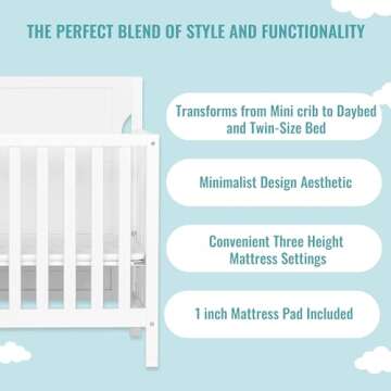 Dream On Me Bellport 4 in 1 Convertible Mini/Portable Crib In White, Non-Toxic Finish, Made of Sustainable New Zealand Pinewood, With 3 Mattress Height Settings