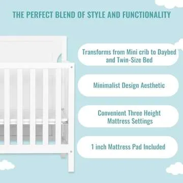 Dream On Me Bellport 4 in 1 Convertible Mini/Portable Crib In White, Non-Toxic Finish, Made of Sustainable New Zealand Pinewood, With 3 Mattress Height Settings