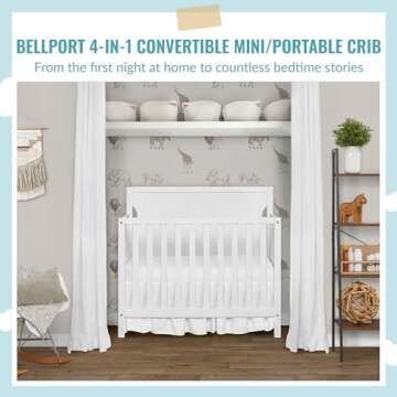 Dream On Me Bellport 4 in 1 Convertible Mini/Portable Crib In White, Non-Toxic Finish, Made of Sustainable New Zealand Pinewood, With 3 Mattress Height Settings