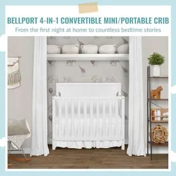 Dream On Me Bellport 4 in 1 Convertible Mini/Portable Crib In White, Non-Toxic Finish, Made of Sustainable New Zealand Pinewood, With 3 Mattress Height Settings