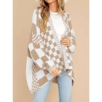 Saodimallsu Womens Checkered Sweater Color Block Plaid Cardigans Oversized Long Sleeve Knit Open Front Coats Khaki