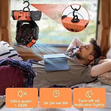 VOSFEEL Camping Fan - 20000mAh Battery Powered Fan Rechargeable with LED Lantern - Portable Outdoor Tent Fans with Hanging Hook 4 Speeds Wind Remote Control