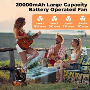 VOSFEEL Camping Fan - 20000mAh Battery Powered Fan Rechargeable with LED Lantern - Portable Outdoor Tent Fans with Hanging Hook 4 Speeds Wind Remote Control