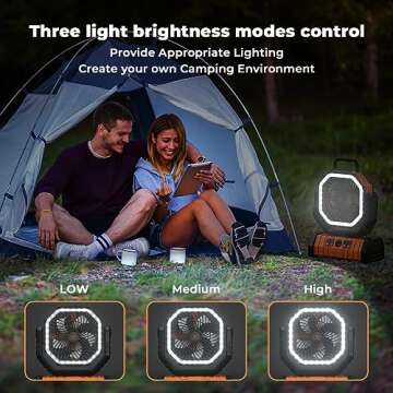 VOSFEEL Camping Fan - 20000mAh Battery Powered Fan Rechargeable with LED Lantern - Portable Outdoor Tent Fans with Hanging Hook 4 Speeds Wind Remote Control