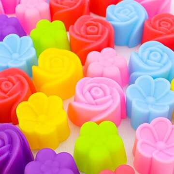 JOGILBOY 30 Pieces Reusable Silicon Muffin Molds Mini Size Multiple Flower Shape Rose Silicone Muffin Molders Silicone Baking Cups Chocolate Holders Nonstick Small Truffle Cups Cupcake Liners