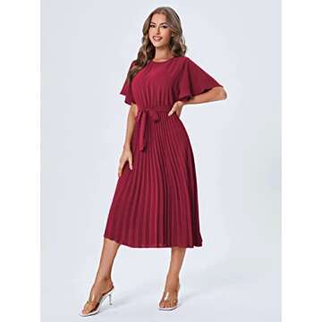 Milumia Women's Elegant Belted Pleated Flounce Sleeve Long Dress Burgundy Large
