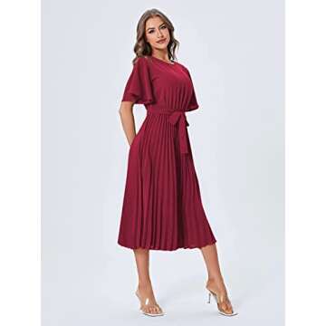 Milumia Women's Elegant Belted Pleated Flounce Sleeve Long Dress Burgundy Large