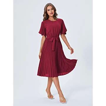 Milumia Women's Elegant Belted Pleated Flounce Sleeve Long Dress Burgundy Large