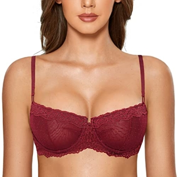 DOBREVA Women's Sexy Lace Bra Underwire Balconette Unlined Demi Sheer Plus Size Dark Red 36DD