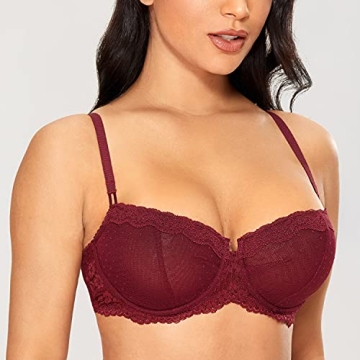 DOBREVA Women's Sexy Lace Underwire Bra in Dark Red