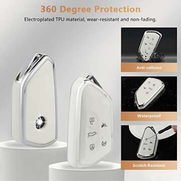 PIFOOG Key Fob Cover for VW Volkswagen ID4 Golf GTI R 2022 2023 Accessories TPU 5 Buttons Car Keys Case Shell Protector Bling Keychain Girly Women White Silver