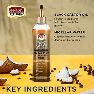 African Pride Black Castor Miracle Braid & Scalp Cleansing Rinse - Removes Hair Build Up & Soothes Scalp, No Frizz, Contains Black Castor Oil, Micellar Water, Coconut Oil, Peppermint Oil, 12 oz