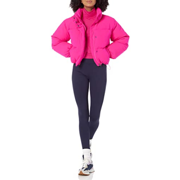 Chic Cropped Full-Zip Puffer Jacket - Neon Pink