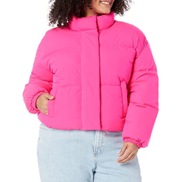 Chic Cropped Full-Zip Puffer Jacket - Neon Pink
