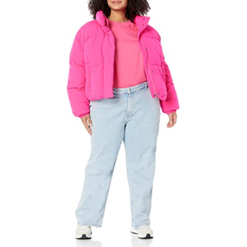 Chic Cropped Full-Zip Puffer Jacket - Neon Pink