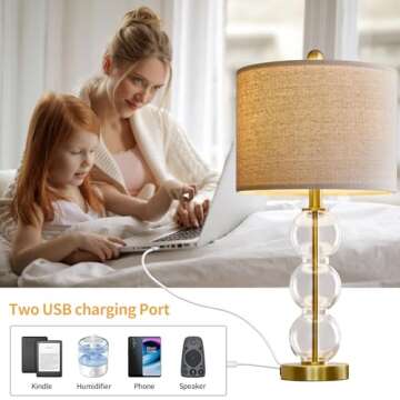USumkky 24'' Glass Table Lamps Set of 2 for Bedroom Living Room,Gold Glass Bedside Lamps for Nightstands with USB Ports and AC Outlets(Bulbs not Included)