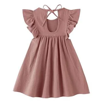 Dutebare Toddler Cotton Linen Dress - Ruffle Sleeve Halter Kids Casual Summer Dress in Dark Pink