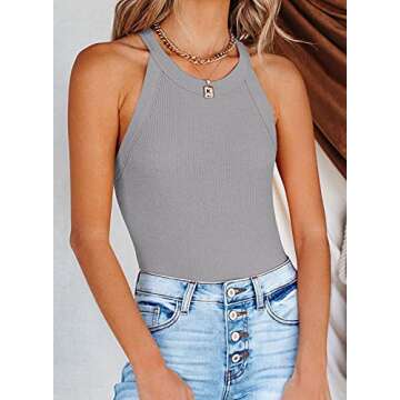 LOLONG Women Tank Tops Summer Halter Ribbed Sleeveless Shirts B Grey