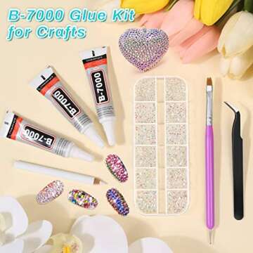 Gem Glue Clear with Rhinestone for Crafts, Clear AB Iridescent Gems with B7000 Jewelry Glue, Flatback Rhinestone Dotting Tools for Cloths Jewelry Making, Makeup, Bling Shoes and Nail Decoration