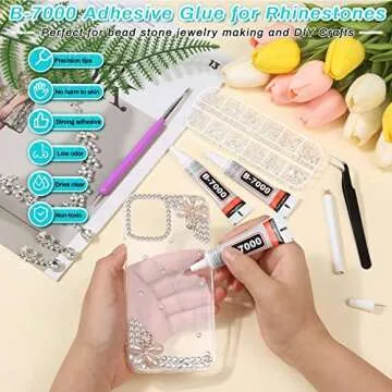 Gem Glue Clear with Rhinestone for Crafts, Clear AB Iridescent Gems with B7000 Jewelry Glue, Flatback Rhinestone Dotting Tools for Cloths Jewelry Making, Makeup, Bling Shoes and Nail Decoration