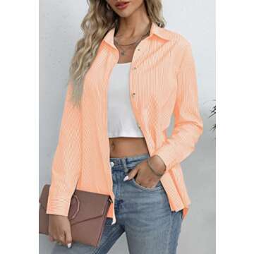 Diosun Womens Striped Button Down Shirts Classic Long Sleeve Stylish Collared Office Work Blouses To...