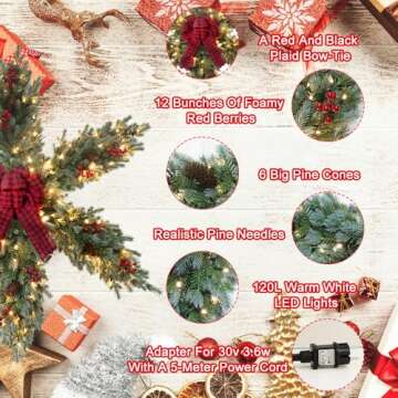 YEAHOME 48 Inch Large Christmas Wreath, 4 FT Pre-Lit Christmas Star Wreaths for Front Door with 120L Warm White LED Lights, Bow-tie, Berries, Pine Cones for Xmas Outdoor Indoor Wall Home Decorations