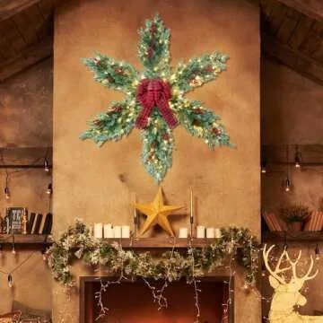 YEAHOME 48 Inch Large Christmas Wreath, 4 FT Pre-Lit Christmas Star Wreaths for Front Door with 120L Warm White LED Lights, Bow-tie, Berries, Pine Cones for Xmas Outdoor Indoor Wall Home Decorations